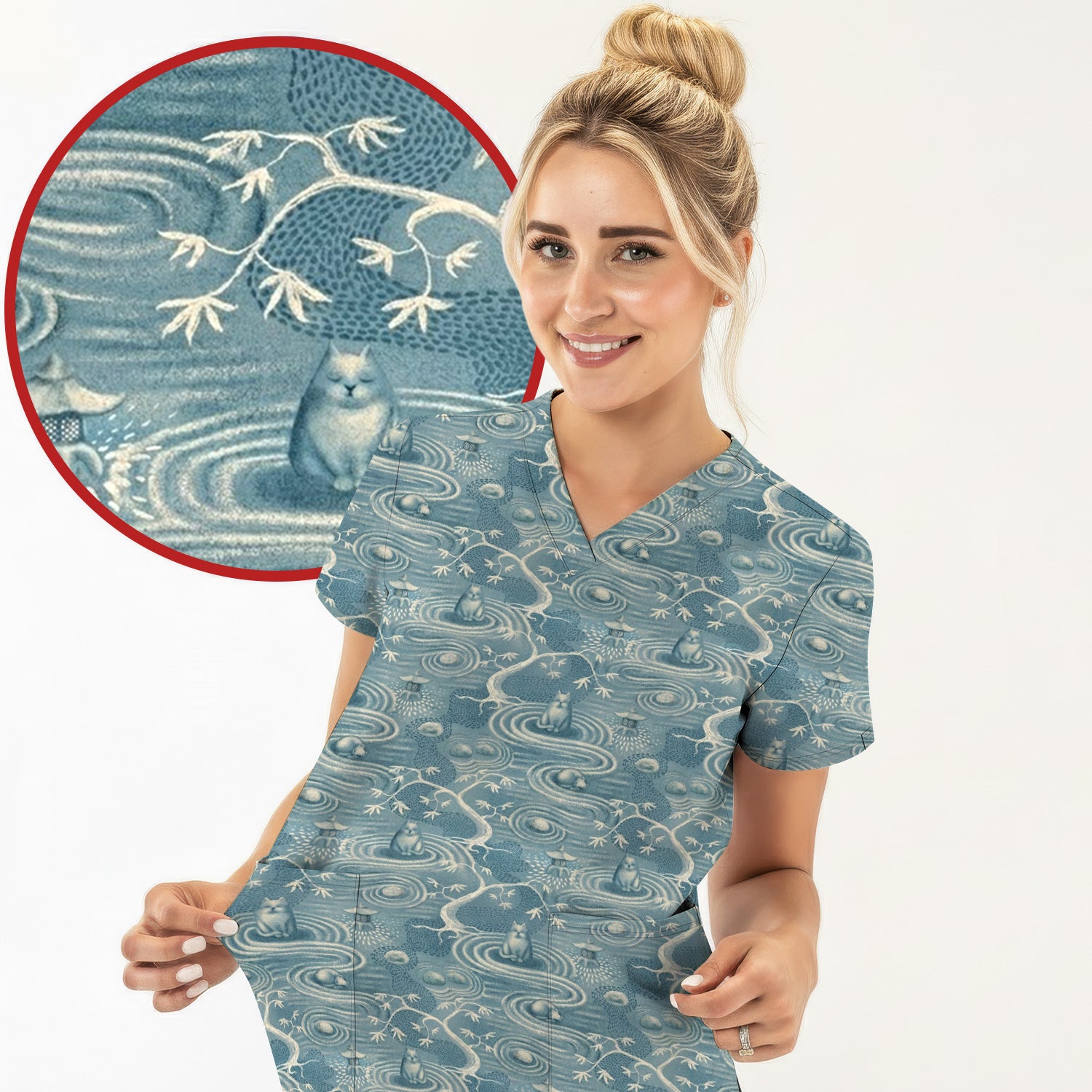 Zen Cat Water Garden Pattern  Scrub Top, Breathable Fabrics Nursing Uniform