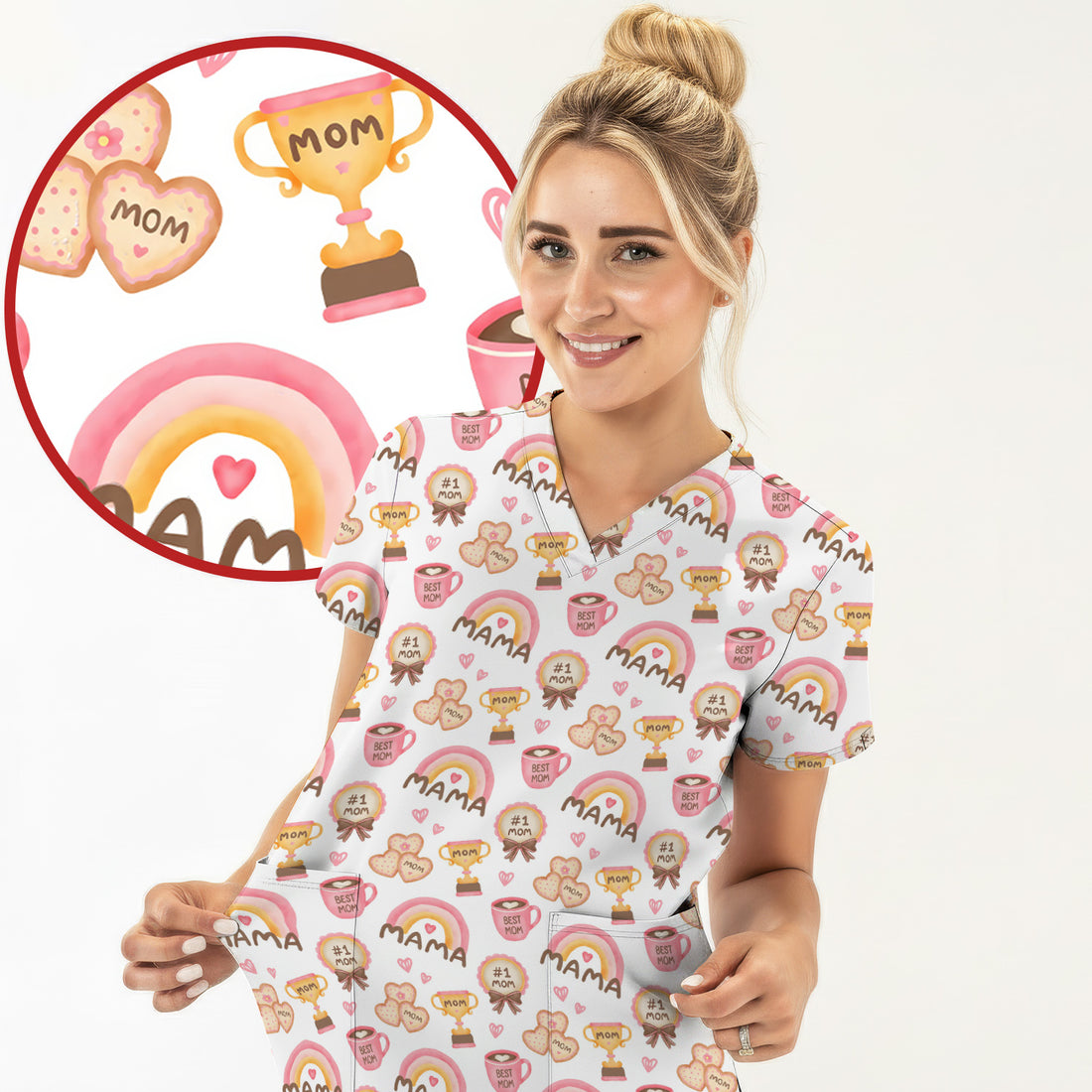 Sweet Nurse Mama Rainbow Trophy Heart Pattern Scrub Top, Comfortable Scrubs for Nurses