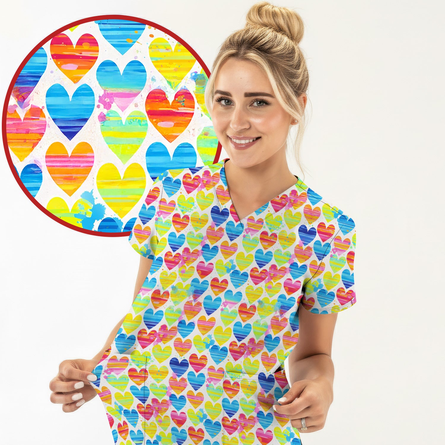 Bright Multicolor Rainbow Heart All Over Print Pattern Scrub, Comfortable Scrubs for Nurses