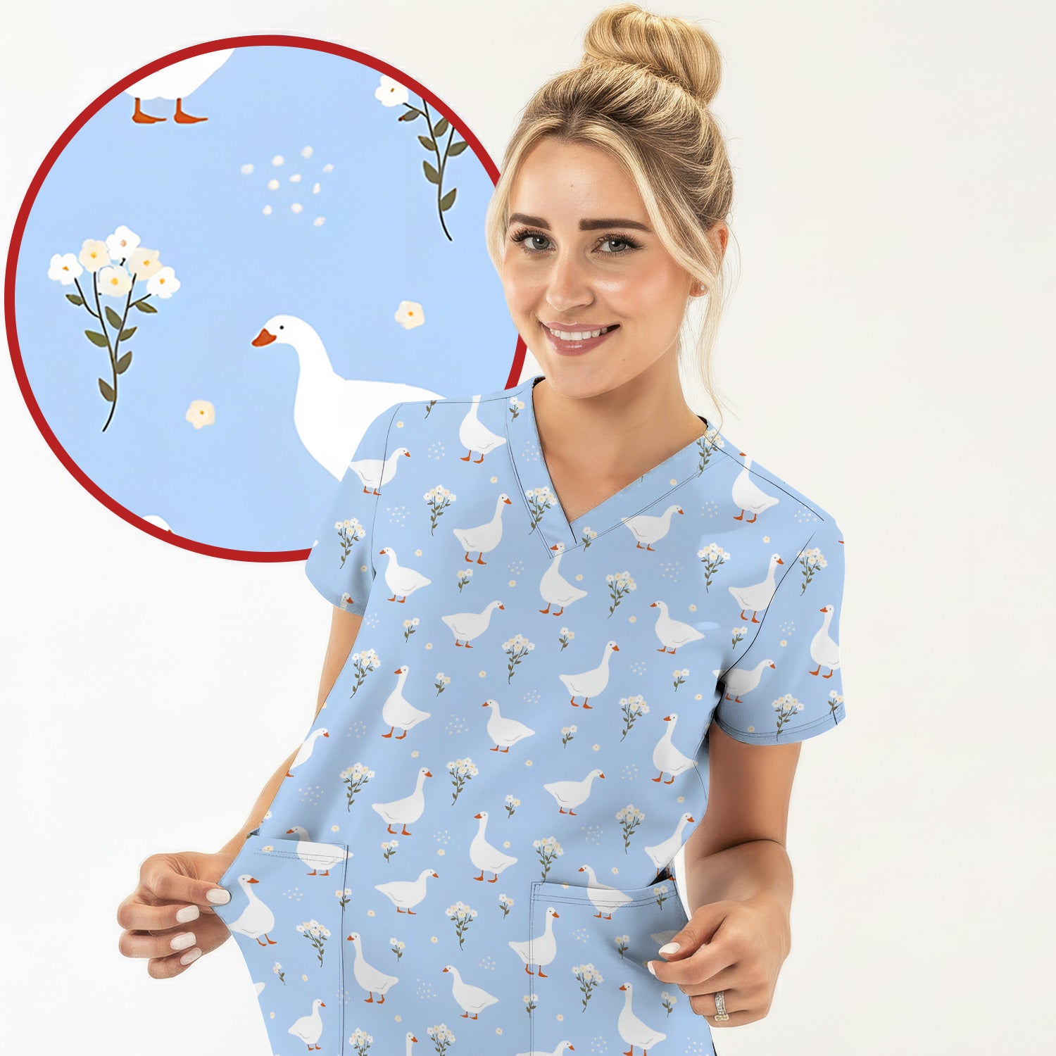 Blue Goose Floral Pattern Scrub Top, Comfortable Scrubs for Nurses