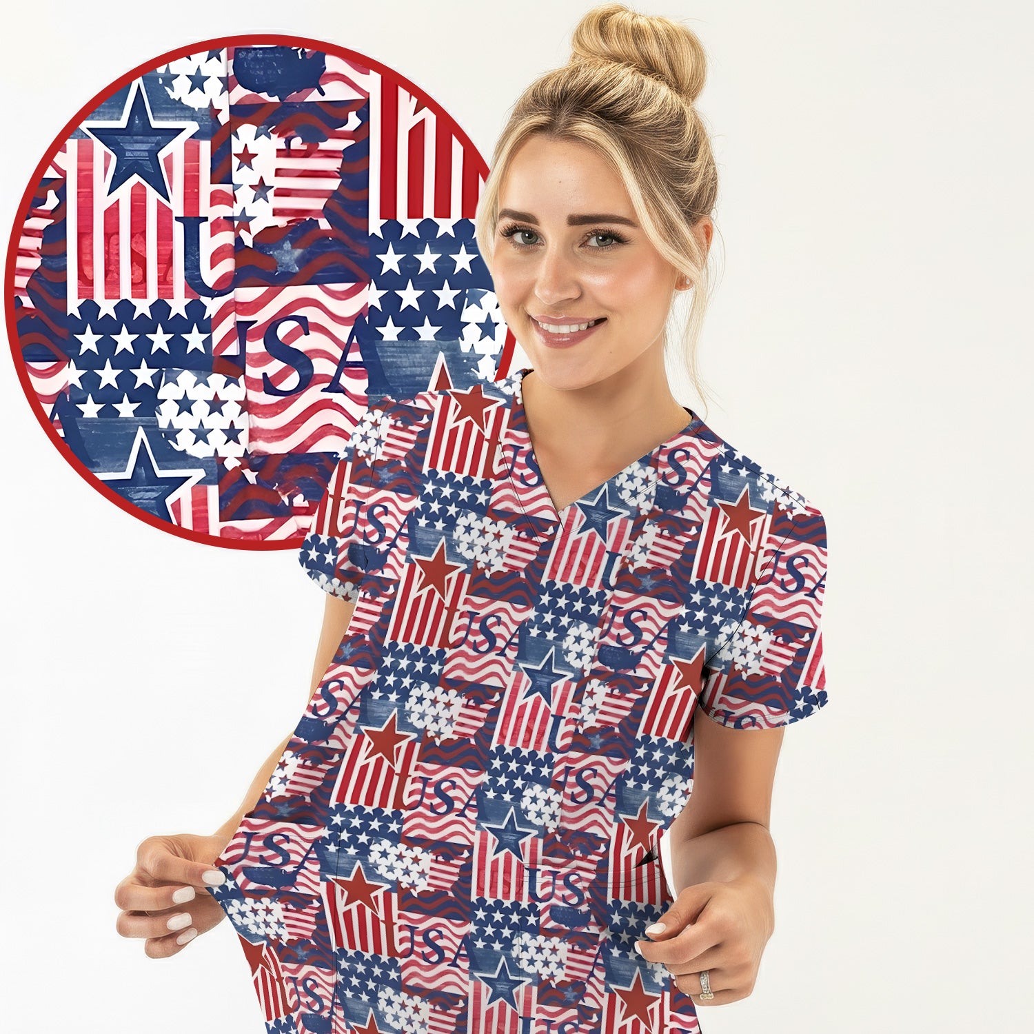 Patriotic USA Star Patchwork Pattern Scrub Top, Comfortable Scrubs for Nurses