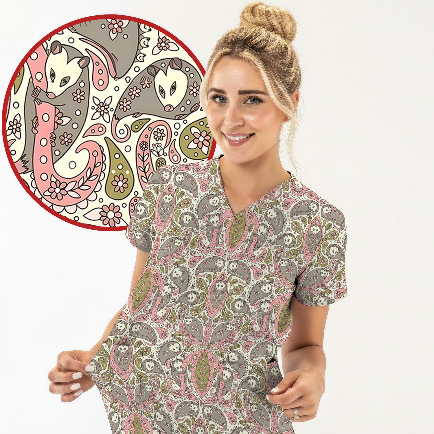 Opossum Paisley Pattern Scrub Top, Comfortable Scrubs for Nurses