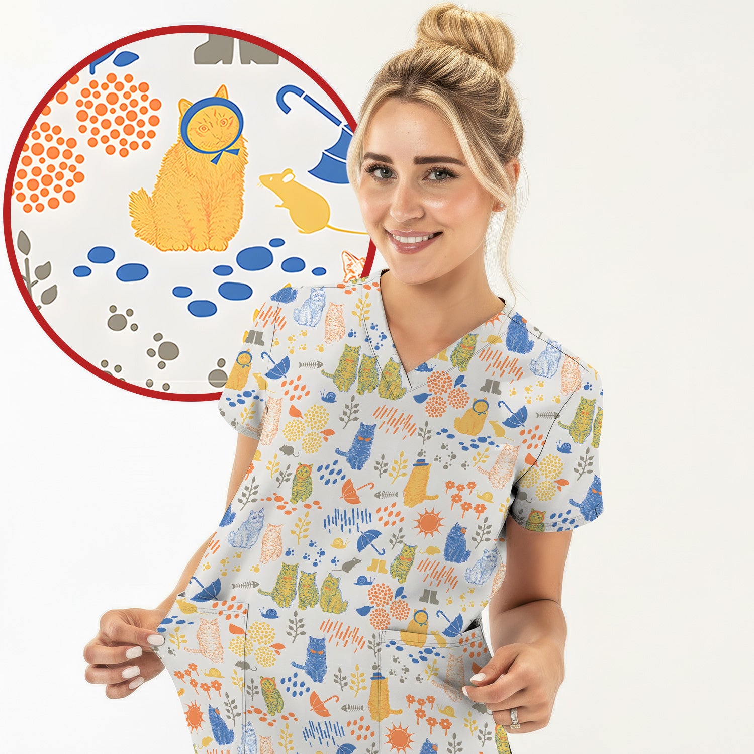 Cozy Rainy Day Cat Lover Nature Nurse Pattern Scrub Top, Comfortable Scrubs for Nurses