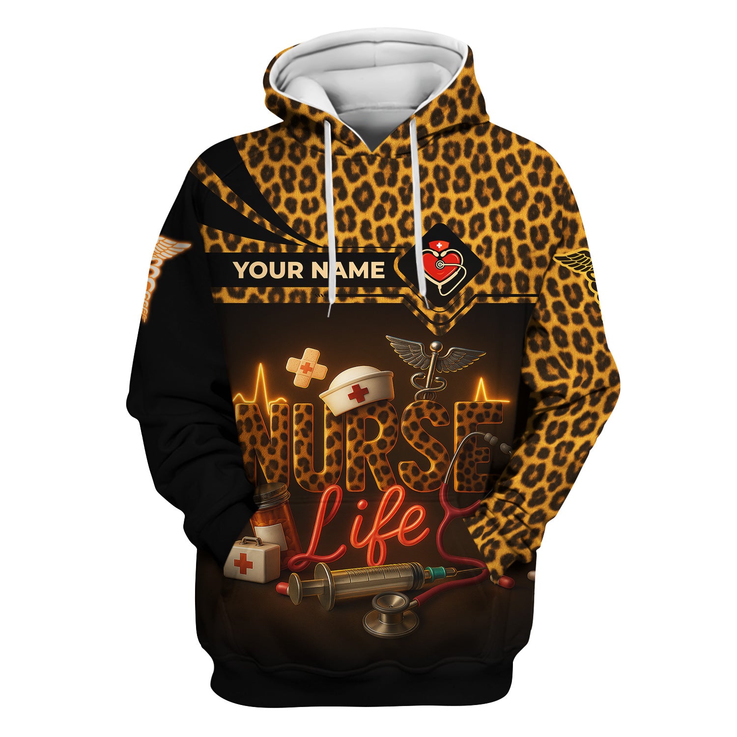 Personalized Nurse Life Shirt - Wild Cheetah Print with Medical Icons - Custom Name Gift for RN, CNA, LPN