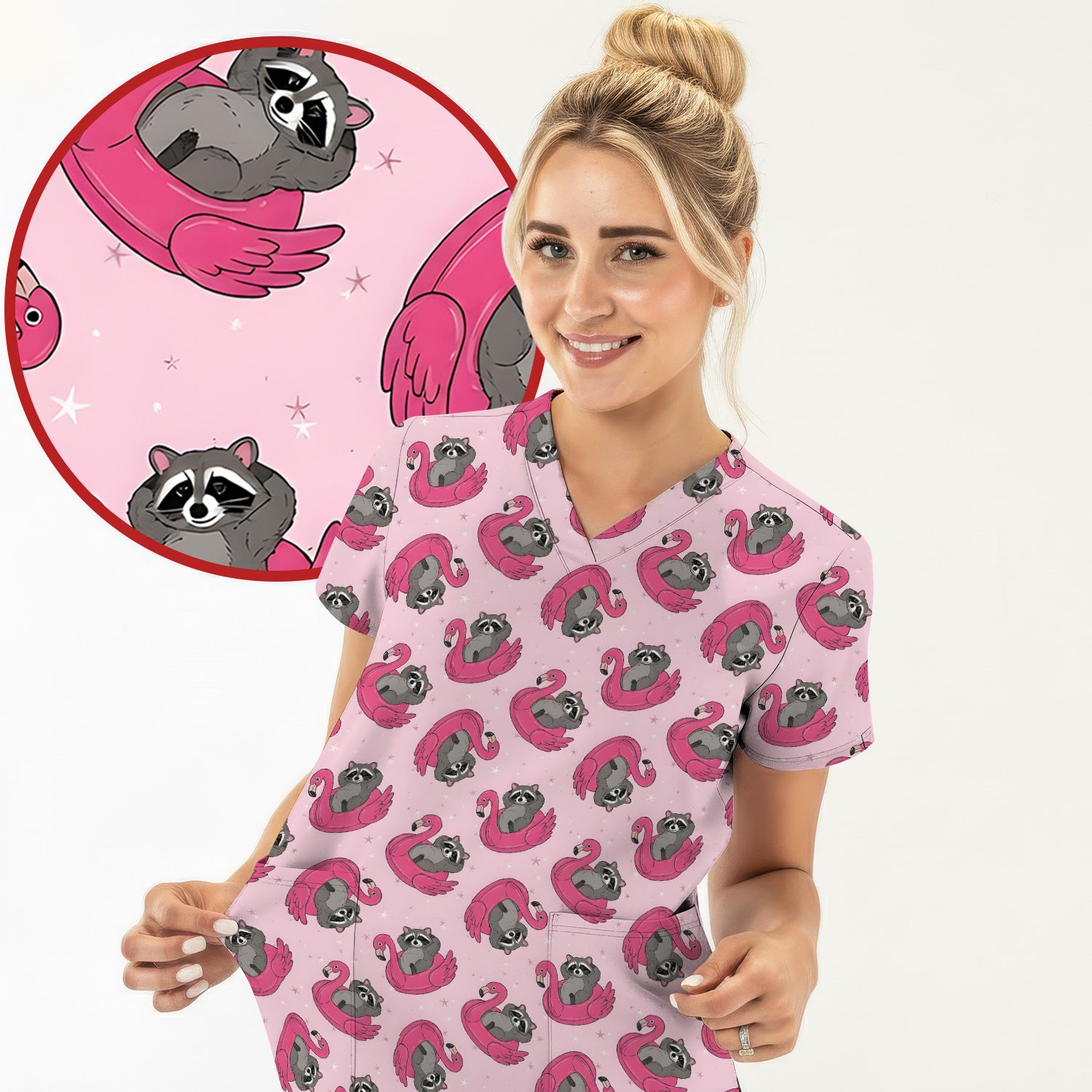 Cute Raccoon Flamingo Float Pattern Scrub Top, Comfortable Scrubs for Nurses