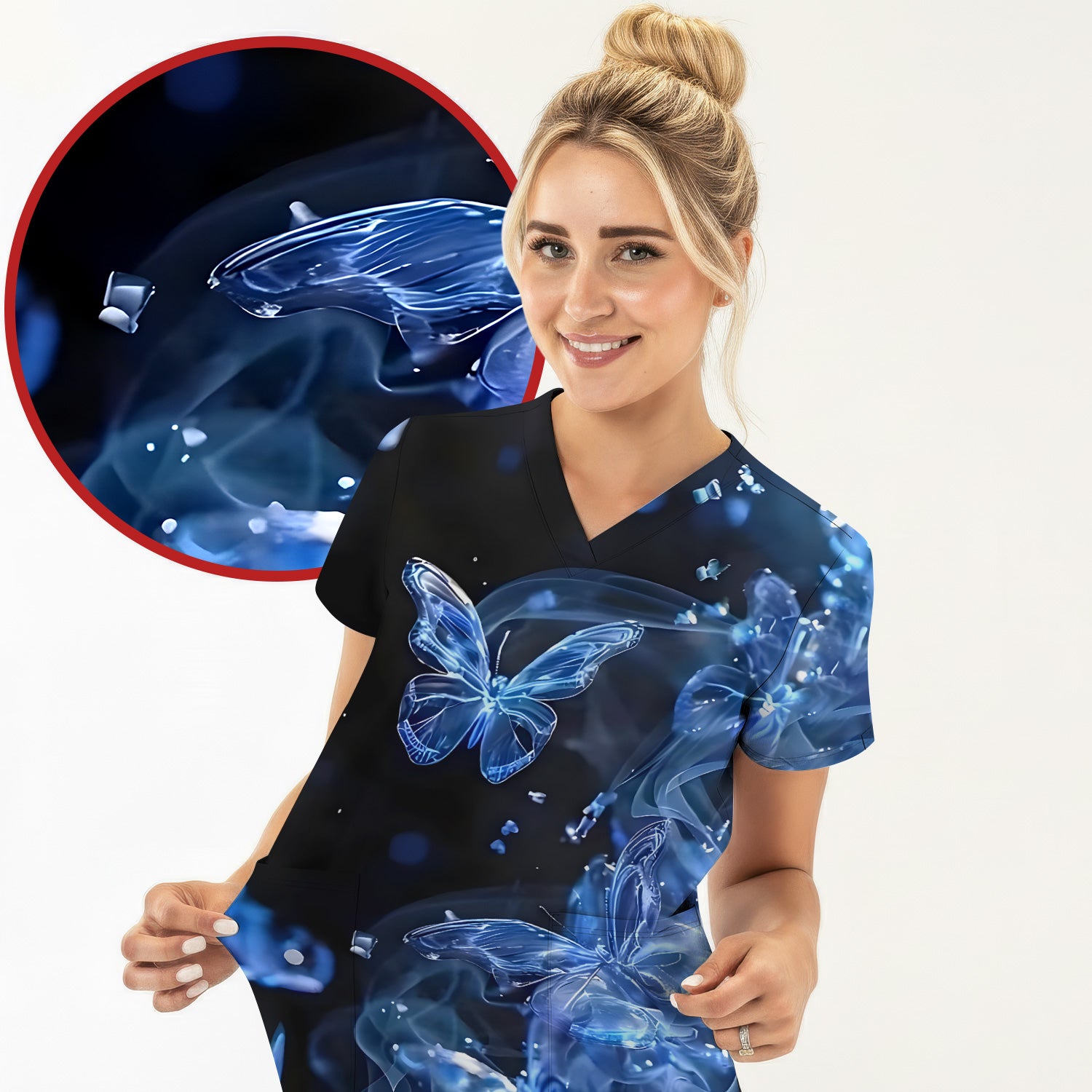Glowing Blue Butterfly Garden Pattern Scrub Top, Comfortable Scrubs for Nurses