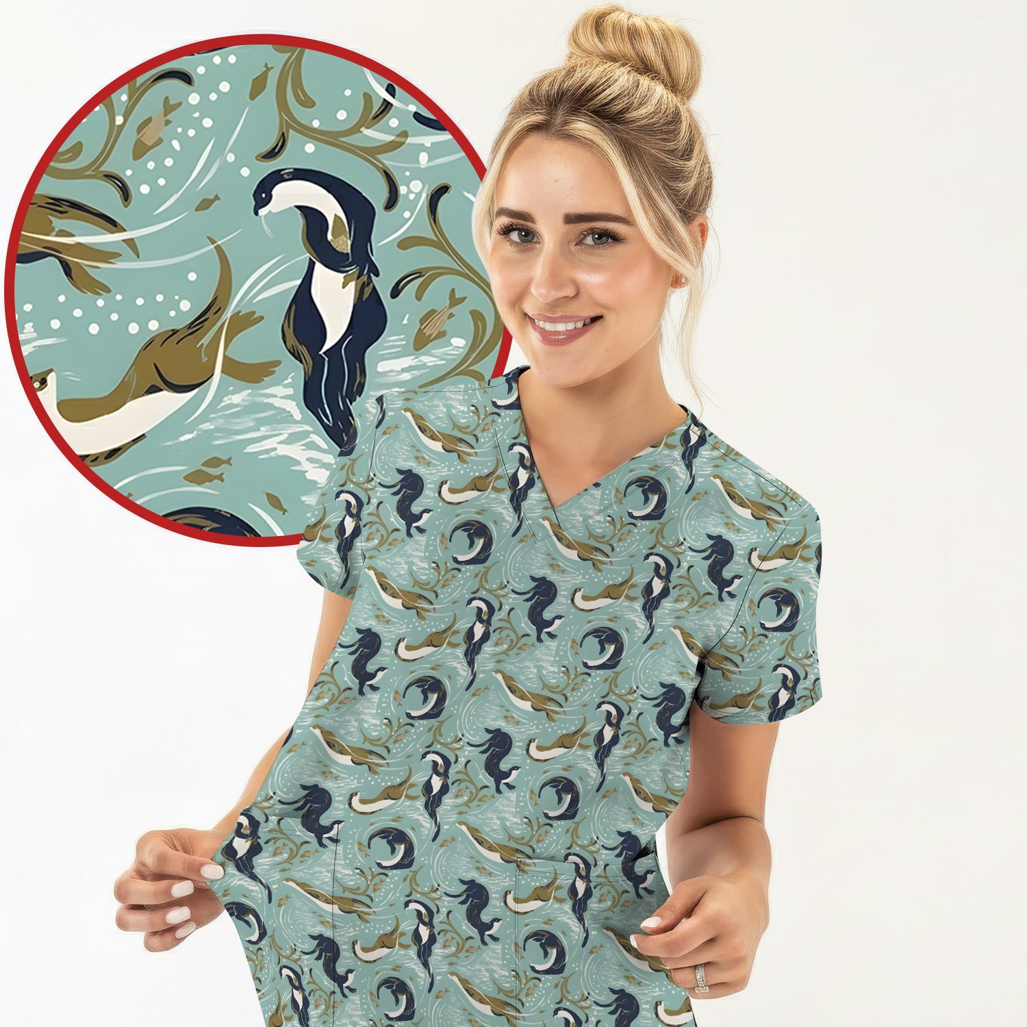 Sea Otter Ocean Wave Coastal Pattern Scrub Top, Comfortable Scrubs for Nurses
