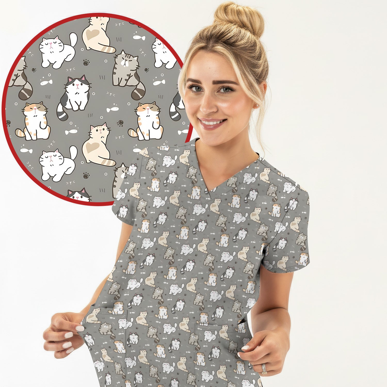 Pastel Cat Scrub Top, Cute Cat Pattern Nurse Shirt, Breathable Fabrics Nursing Uniform