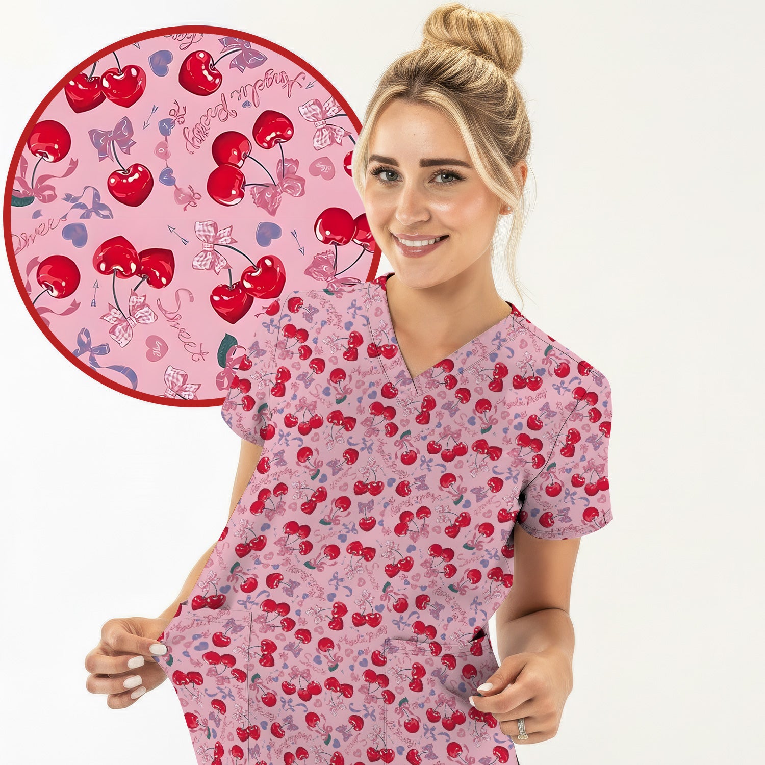 Cherry Blossom Scrub Top, Sweet Pink Nursing Uniform For Women