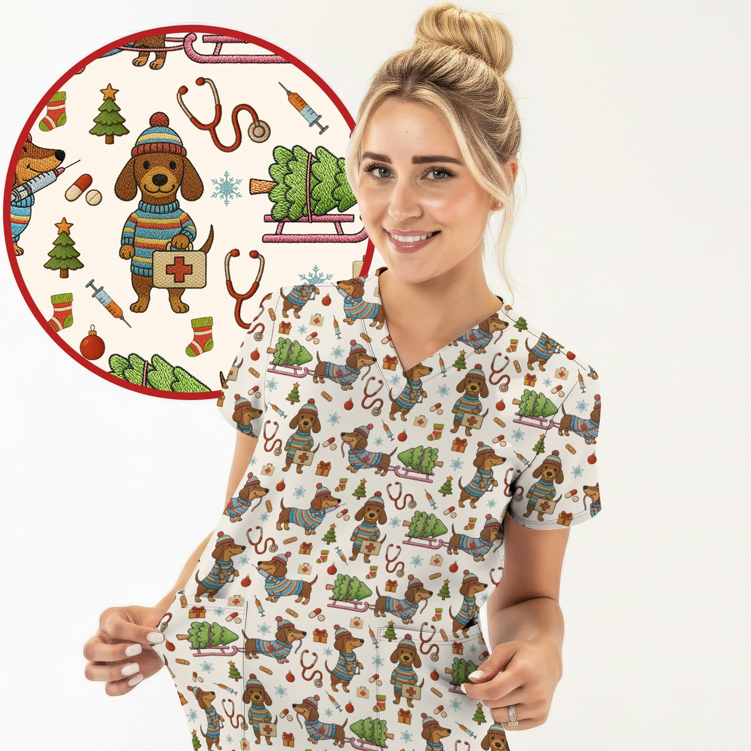 Dachshund Dog Scrub For Nurse, Funny Wiener Dog Lover Gift, Cute Dog 3D Knit Pattern Shirt