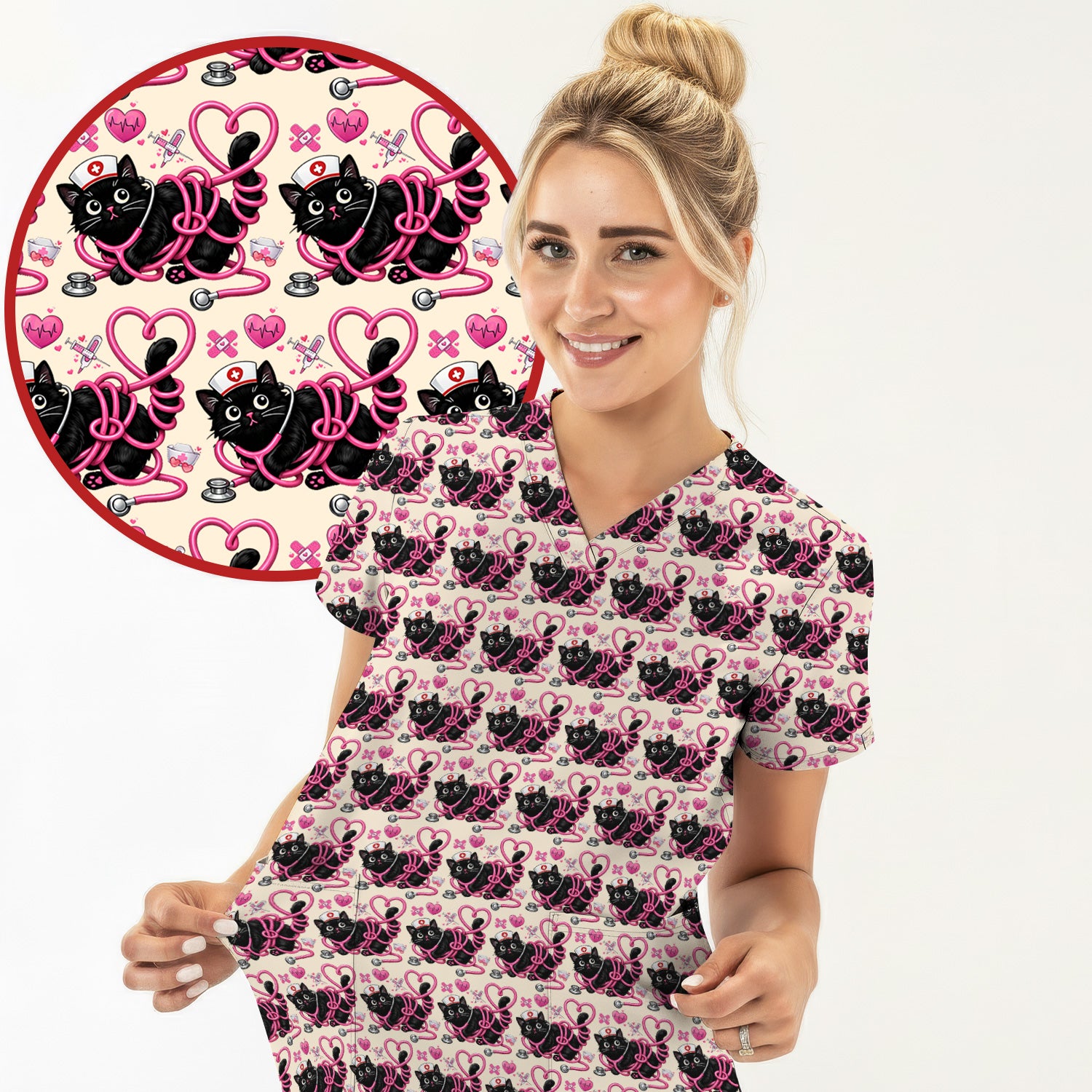 Valentine Cute Cat Nurse Heart Print Scrub Top, Comfortable Scrubs for Nurses