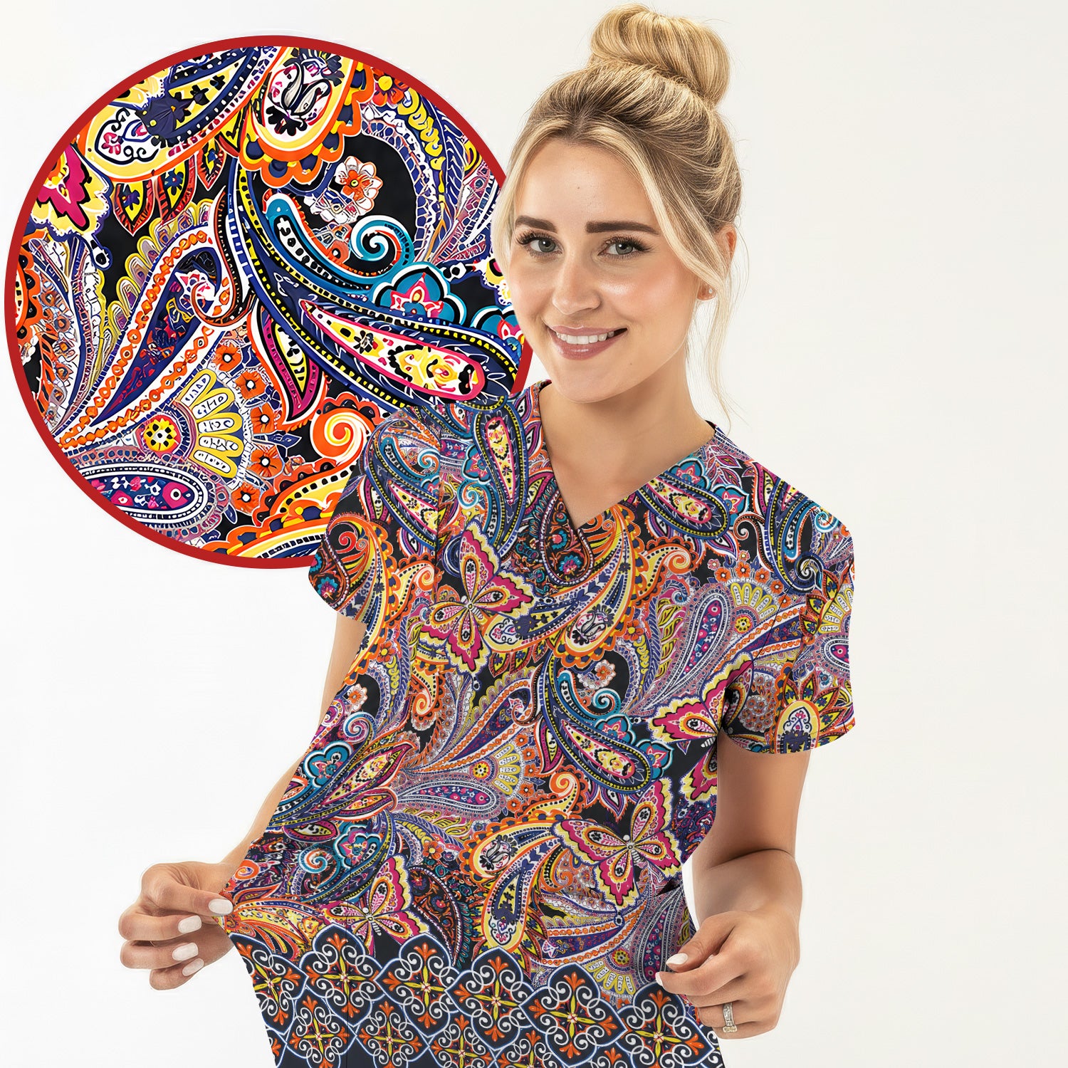 Colorful Bohemian Paisley Floral Pattern Scrub Top, Comfortable Scrubs for Nurses