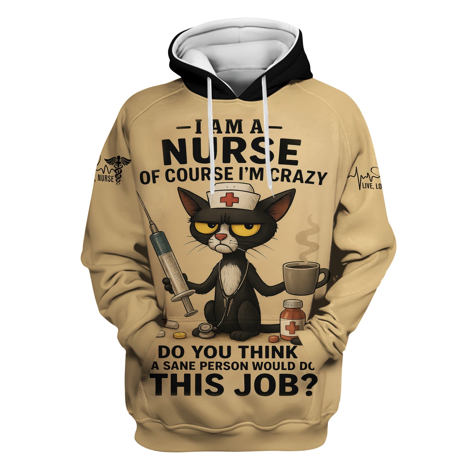 Funny Personalized Nurse Scrub Top - Grumpy Cat Holding Syringe Coffee & Pills - Do You Think A Sane Person Would Do This Job - Custom Gift for RN LPN CNA Women