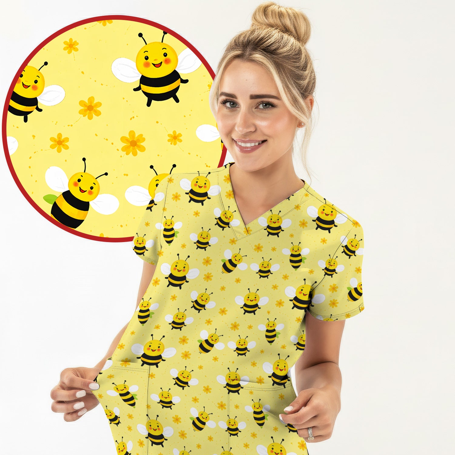 Cute Smiling Bee Yellow Floral Print Scrubs, Comfortable Scrubs for Nurses