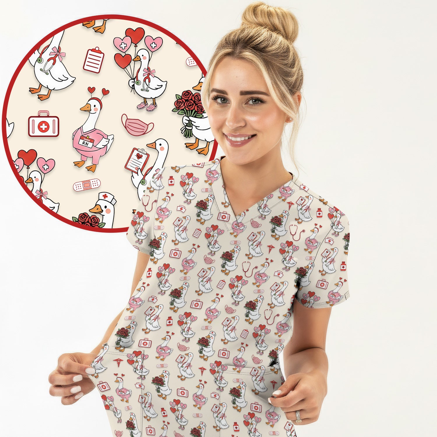 Cute Goose Nurse Medical Pattern Scrub Set, Women's Scrub Sets