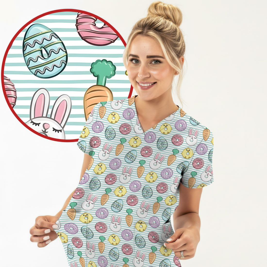 Funny Easter Chick Bunny Pattern Scrub Top, Breathable Fabrics Nursing Uniform