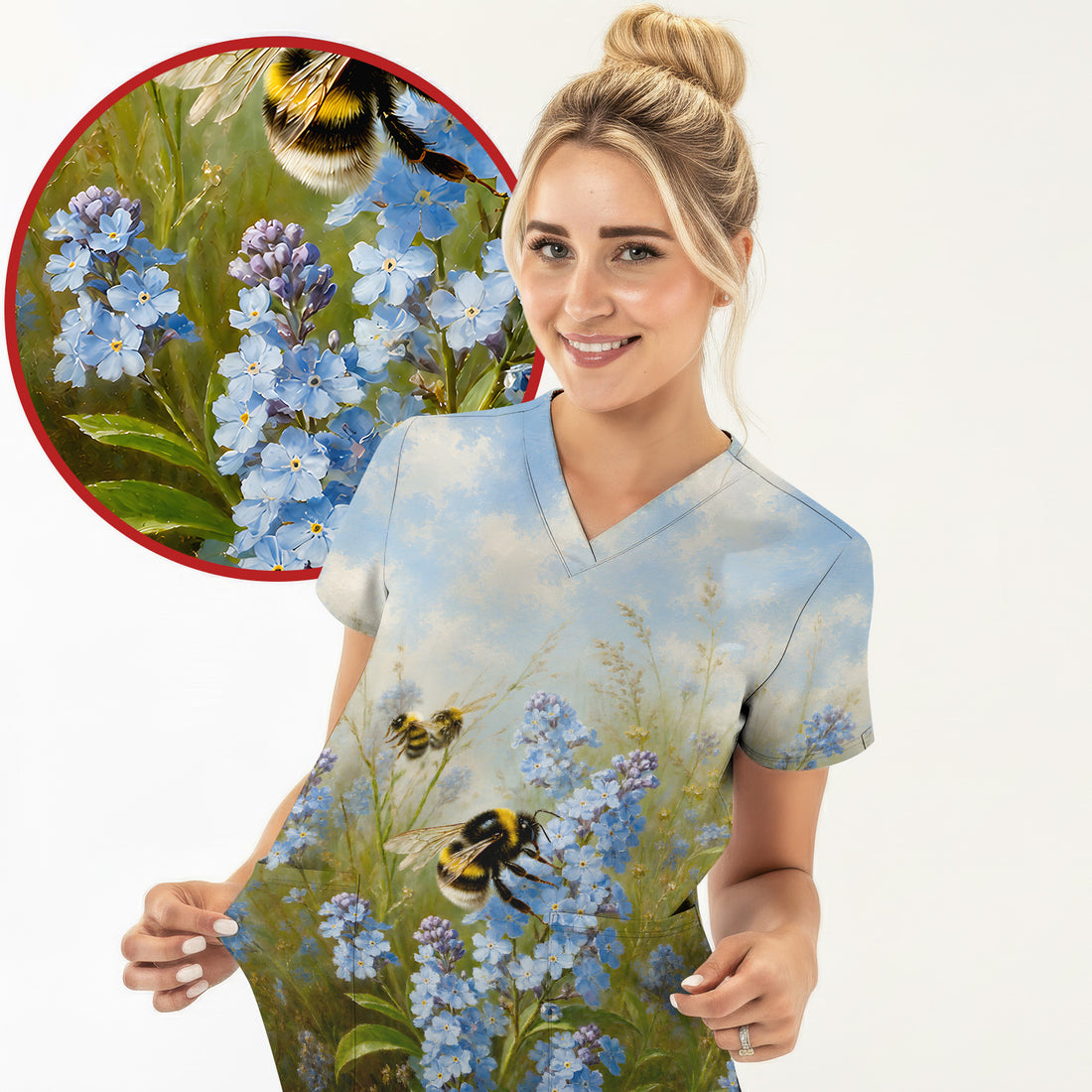 Whimsical Bumblebee Blue Blossom Pattern Scrub Top, Comfortable Scrubs for Nurses