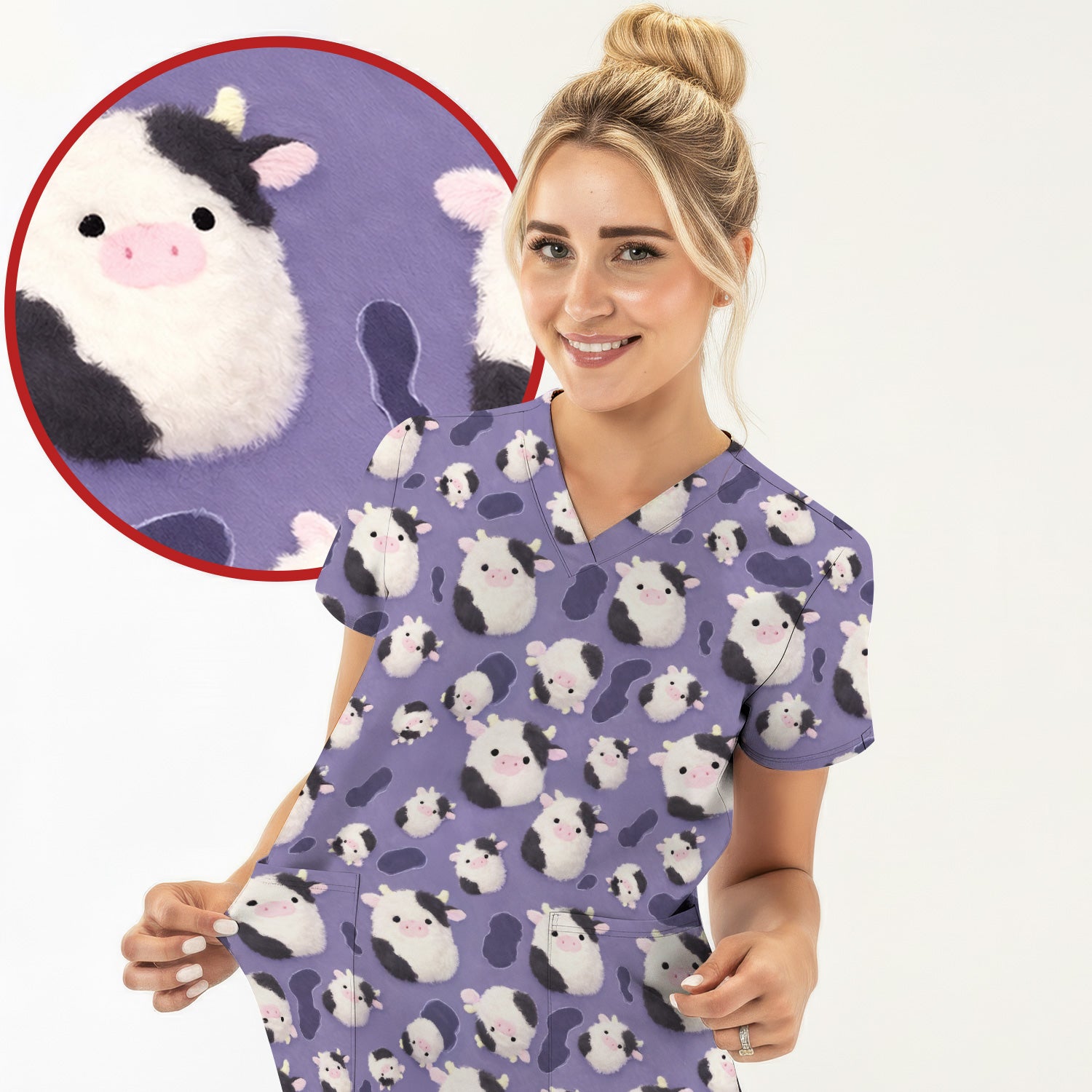 Cute Cartoon Pig Pattern Scrubs Top, Comfortable Scrubs for Nurses
