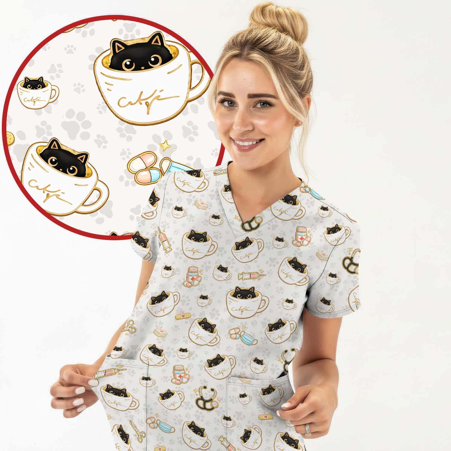 Cute Coffee Cat Medical Print Scrub Top, Breathable Fabrics Nursing Uniform