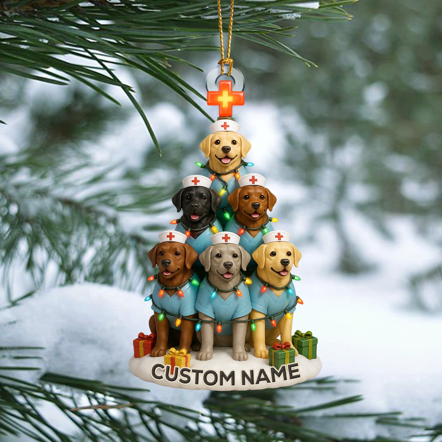 Personalized Nurse Dogs Christmas Tree Ornament – Custom Name Labrador Puppy Stack Holiday Decor – Cute Medical Dog Ornament for Nurses, Vets & Pet Lovers