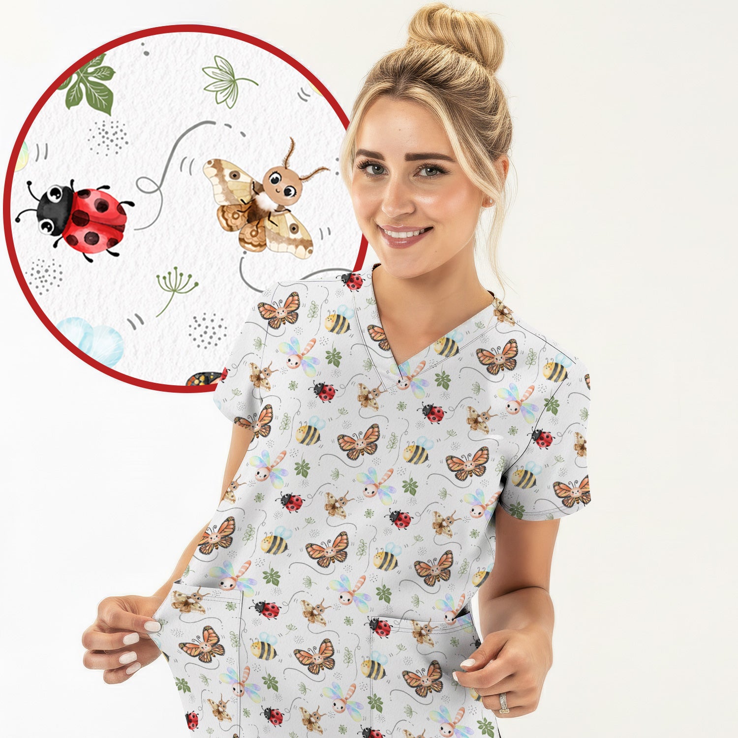 Colorful Garden Insect Pattern Scrub Top, Breathable Fabrics Nursing Uniform