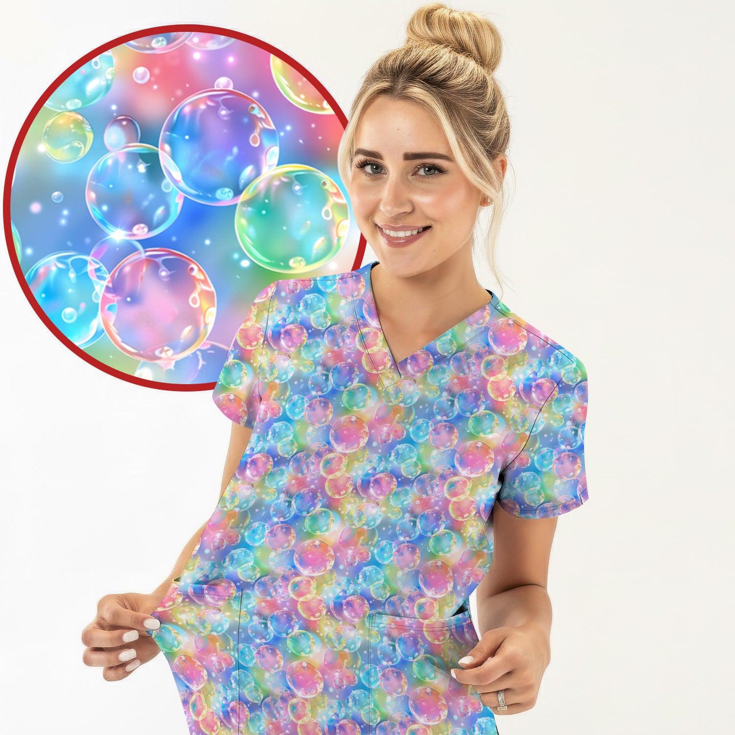 Colorful Floating Soap Bubble Pattern Scrub Top, Breathable Fabrics Nursing Uniform