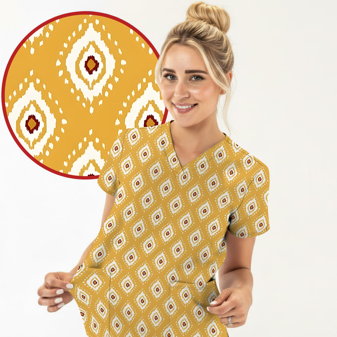 Cute Mustard Geometric Ikat Nurse Pattern Scrub Top, Breathable Fabrics Nursing Uniform