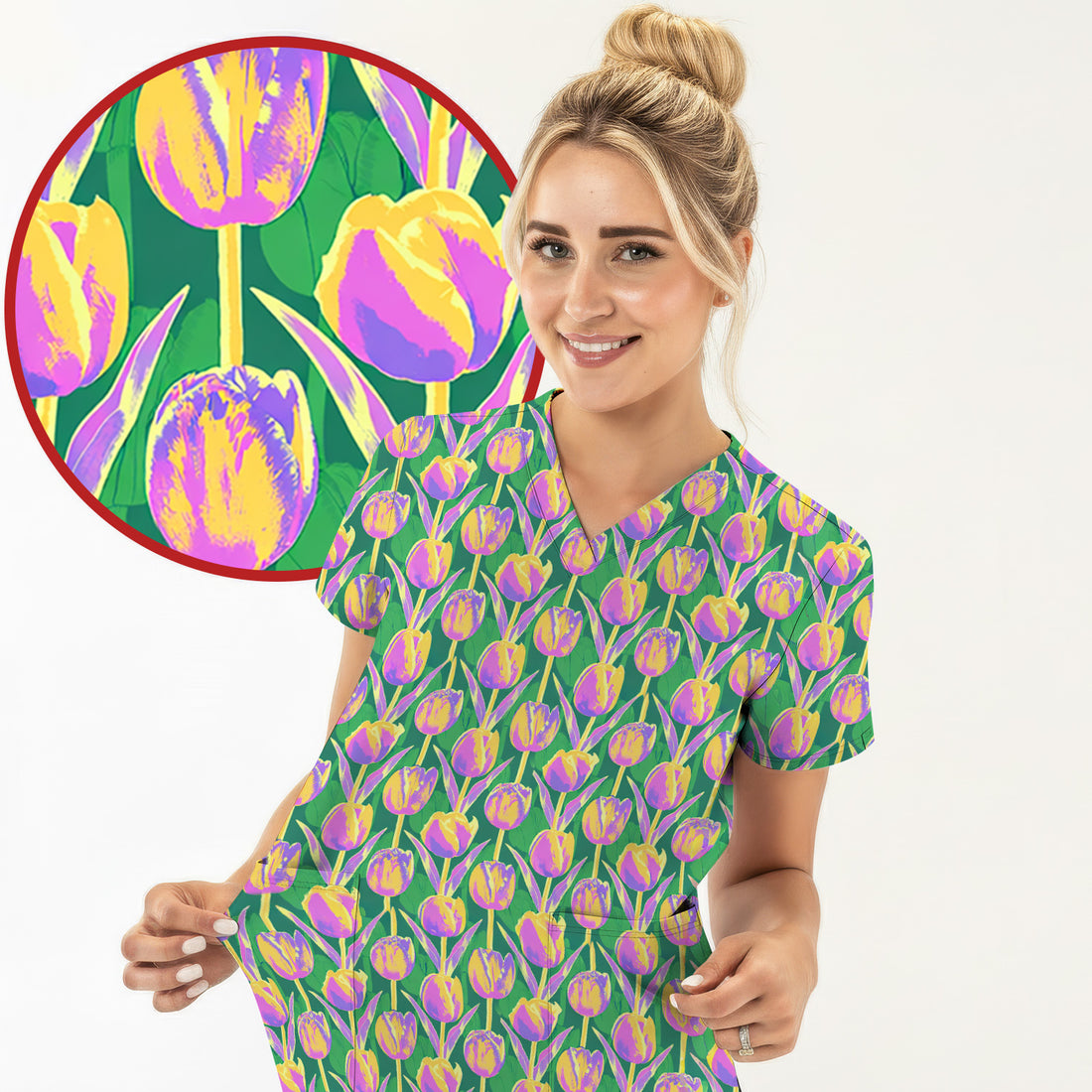Colorful Tulip Floral Pattern Scrub Top, Breathable Fabrics Nursing Uniform