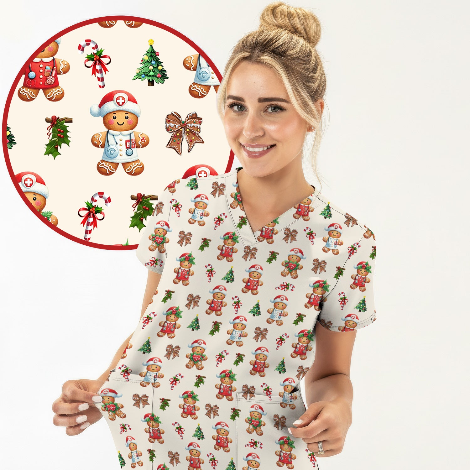 Funny Gingerbread Christmas Scrub Top - Cute Cookie with Bow Shirt - Festive Holiday Scrubs for Women