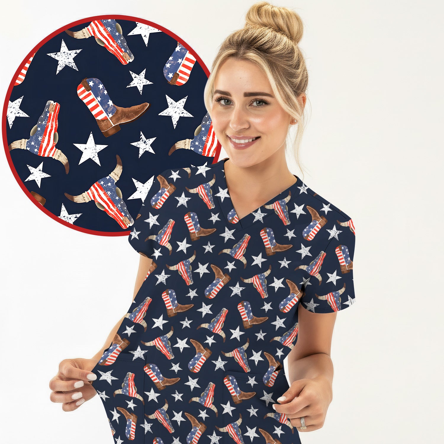 Western Boots Stars Pattern Scrub Top, Comfortable Scrubs for Nurses