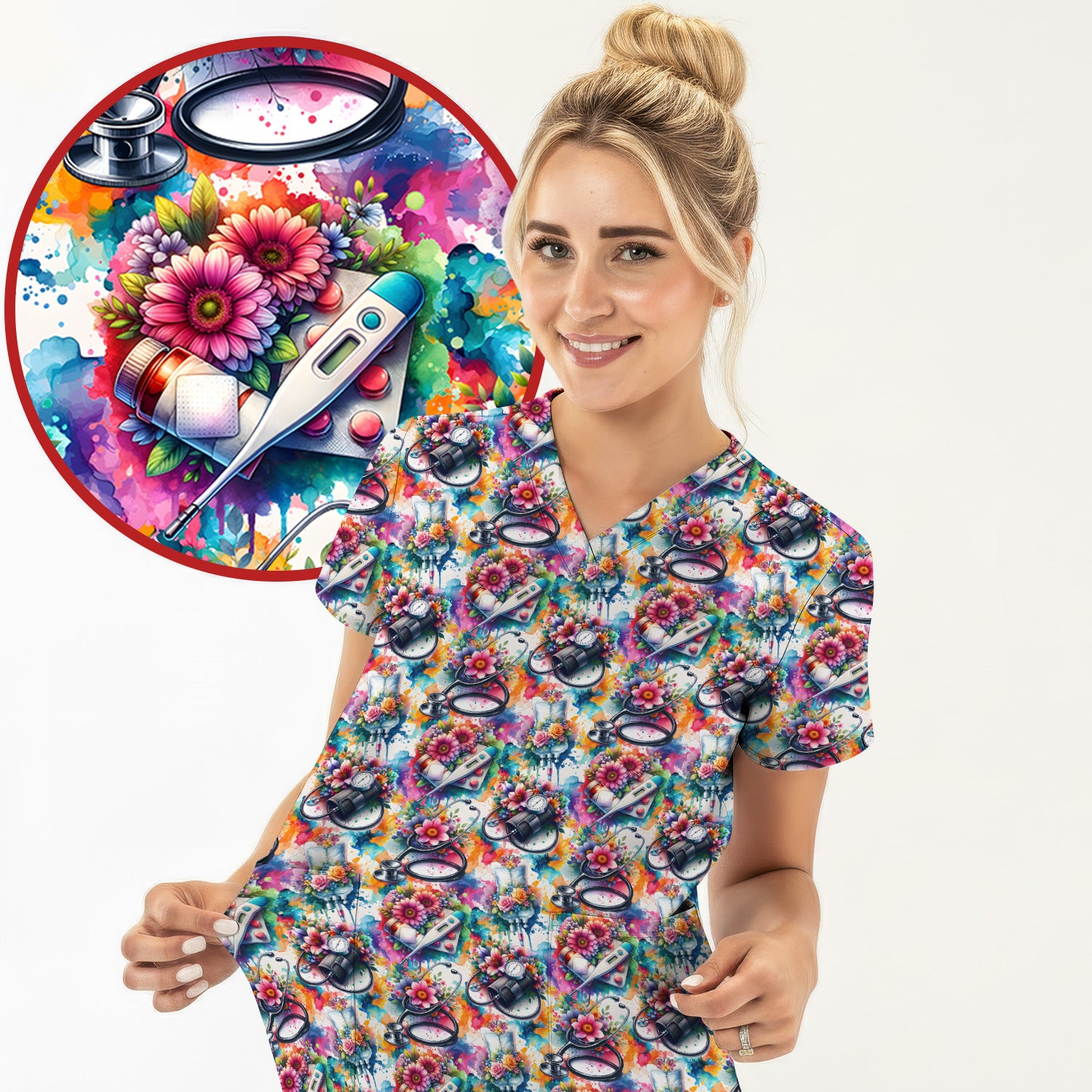 Colorful Medical Tools Floral Pattern Scrub Top, Comfortable Scrubs for Nurses