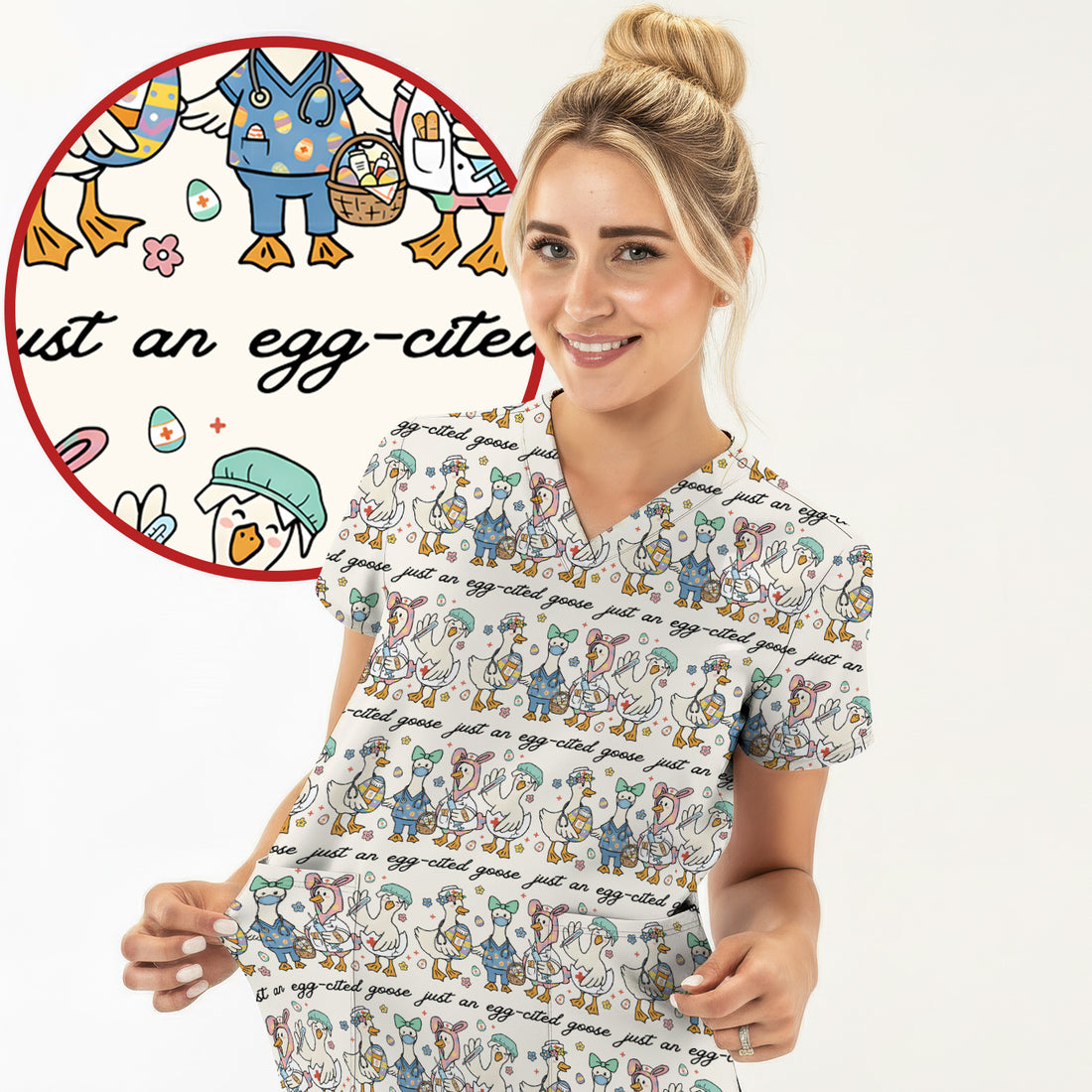 Funny Easter Nurse Goose Pattern Scrub Top, Comfortable Scrubs for Nurses