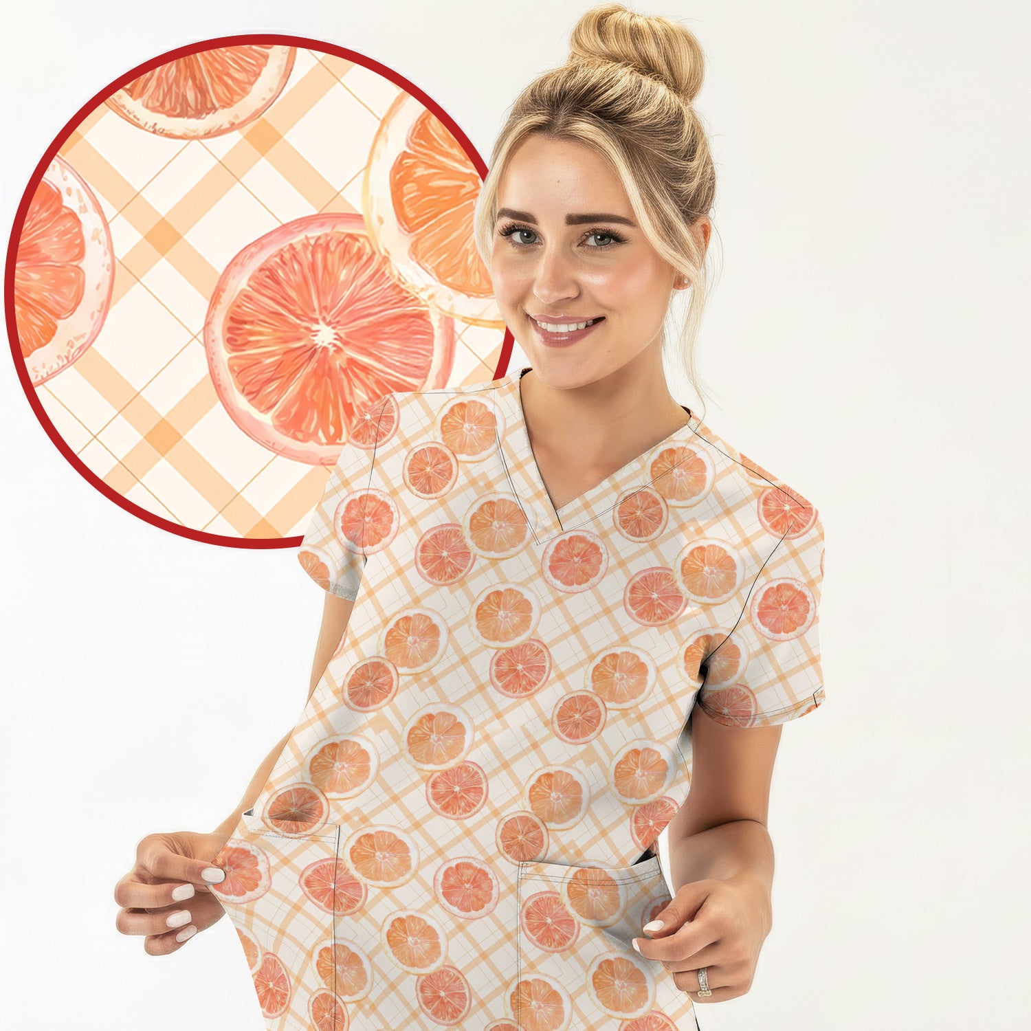 Fresh Grapefruit Slice Summer Fruit Pattern Scrubs Top, Comfortable Scrubs for Nurses