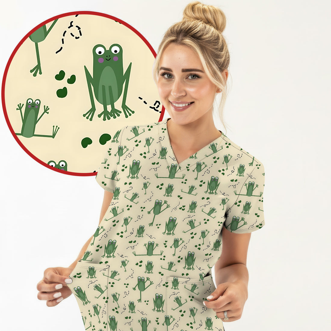 Frog Jumping Footprint Trail Pattern Scrub Top, Breathable Fabrics Nursing Uniform