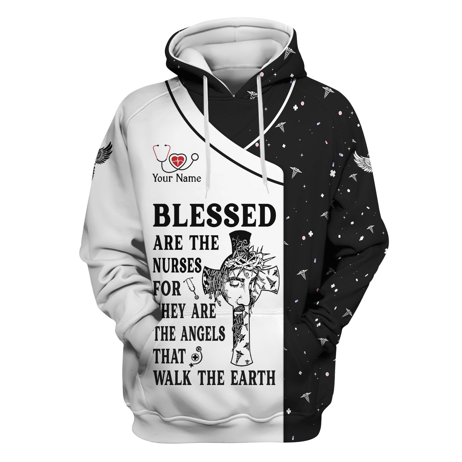 Personalized Christian Nurse Scrub Top - Jesus Cross & Angels That Walk The Earth Quote - Gift for Women RN LPN