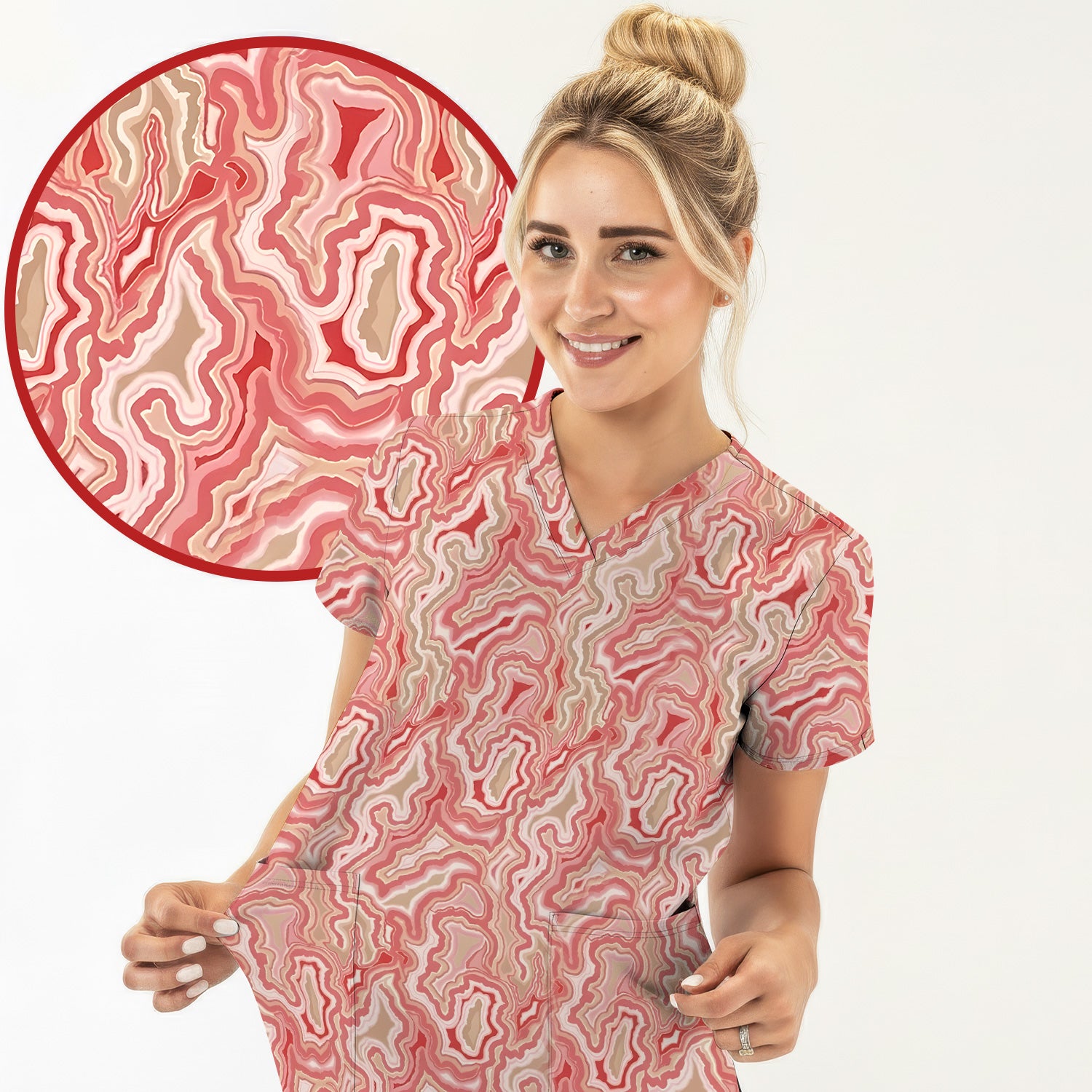 Pink Marble Swirl Abstract Pattern Scrub Top, Comfortable Scrubs for Nurses