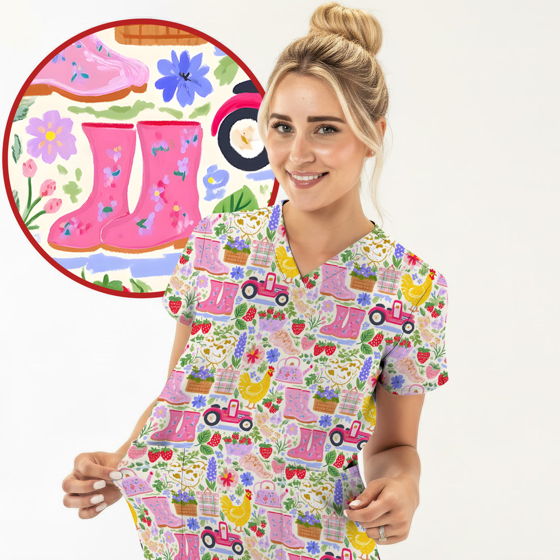 Cute Farm Garden Chicken Pattern Scrub Top, Colorful Spring Countryside Nursing Uniform for Women