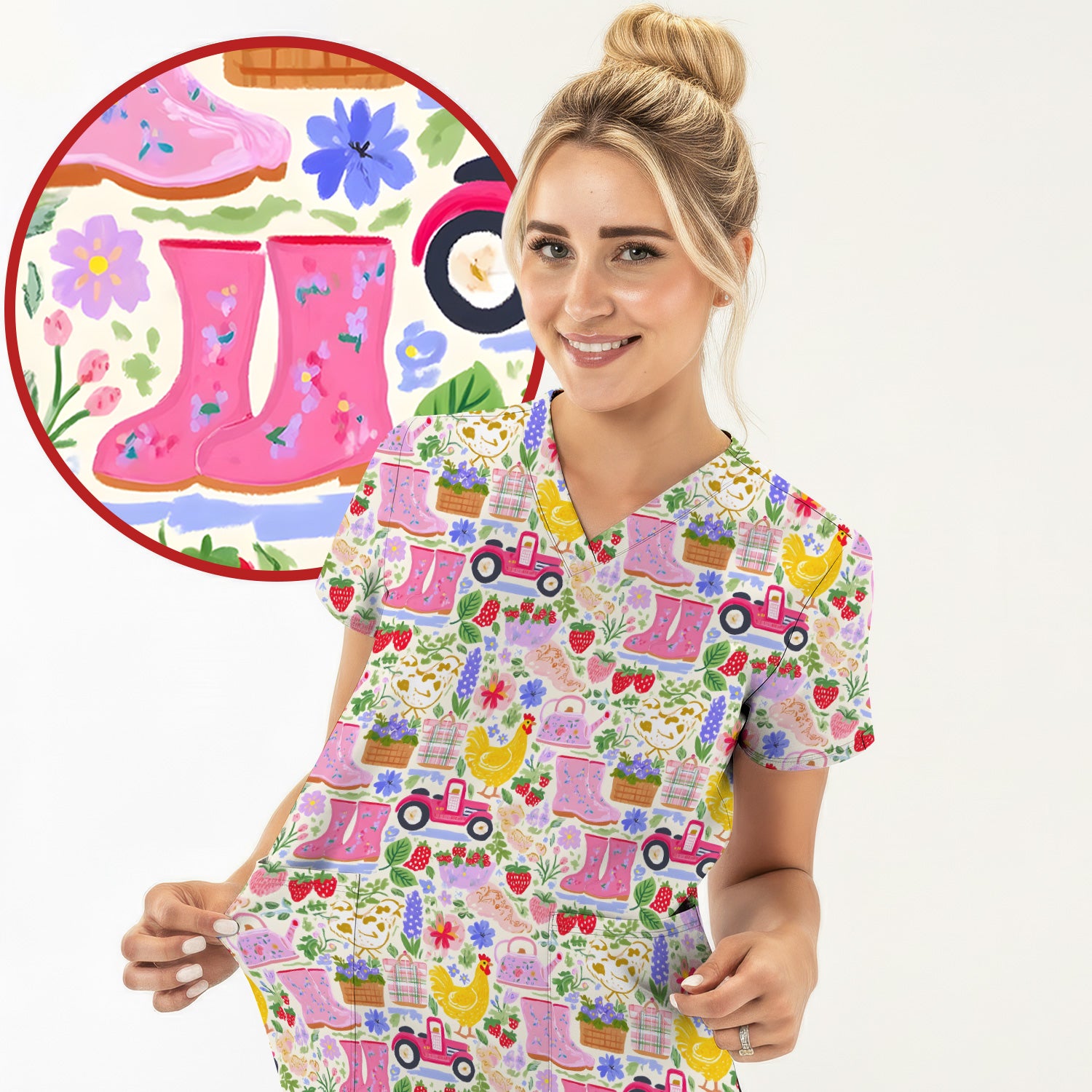Cute Farm Garden Chicken Pattern Scrub Top, Colorful Spring Countryside Nursing Uniform for Women