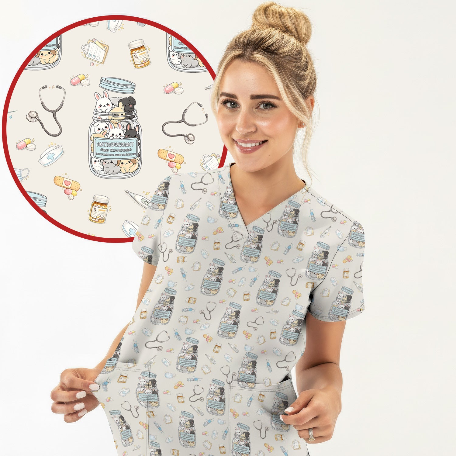 Whimsical Antidepressant Rabbit Jar Design Nurse Scrub Top, Soft & Breathable Workwear