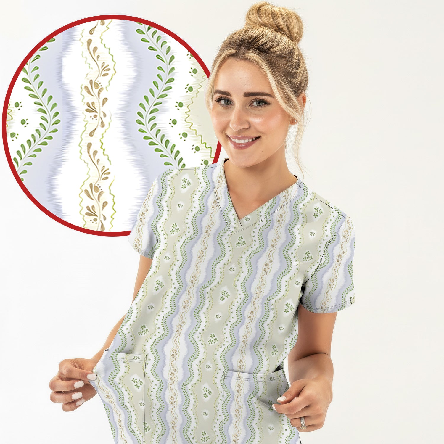 Wavy Stripe Botanical Pattern Scrub Top, Comfortable Scrubs for Nurses