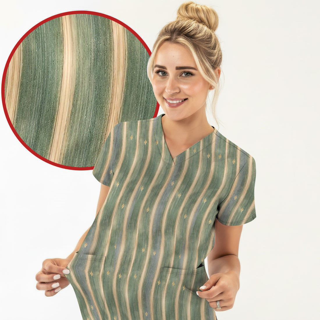 Charming Nurse Green Vertical Stripe Small Floral Pattern Scrub Top, Comfortable Scrubs for Nurses