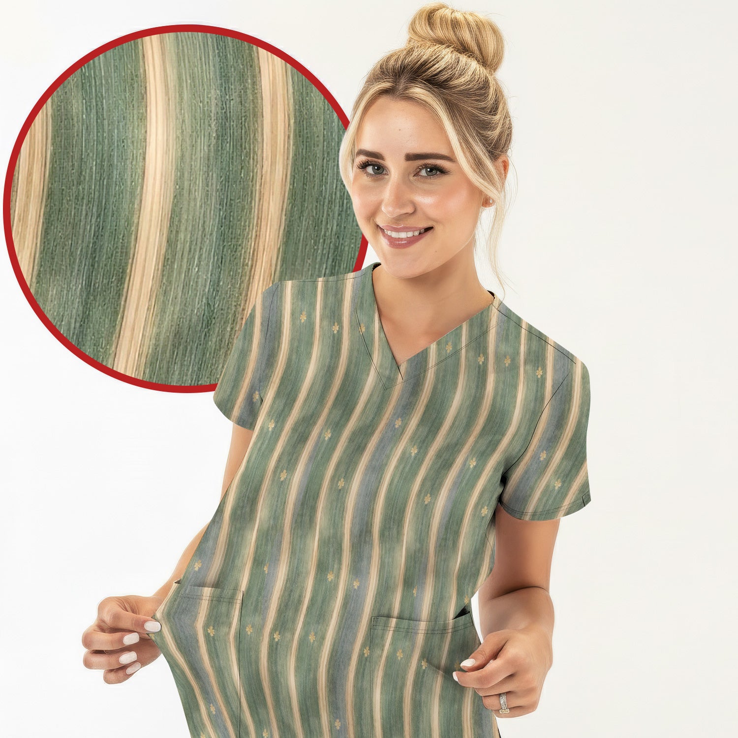 Charming Nurse Green Vertical Stripe Small Floral Pattern Scrub Top, Comfortable Scrubs for Nurses