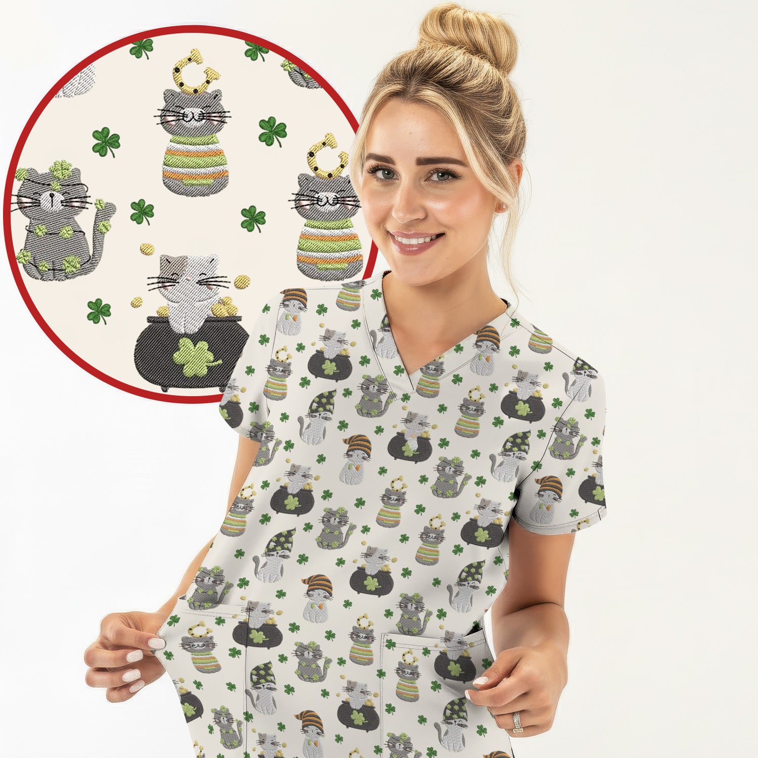 St. Patrick’s Day Scrub Top, Lucky Cat With Shamrock Pattern Shirt, Breathable Fabrics Nursing Uniform