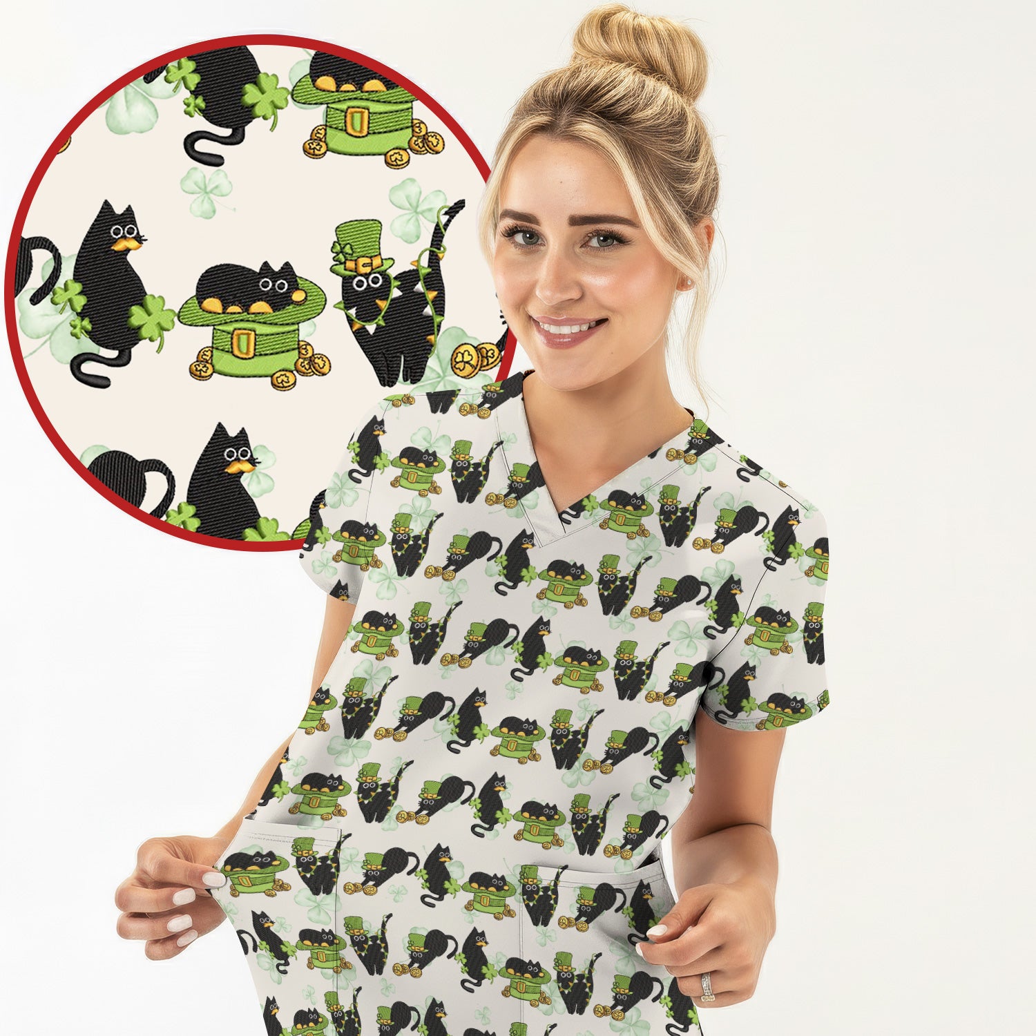 St. Patrick Black Cat Clover Print Nurse Scrub Top, Comfortable Scrubs for Nurses