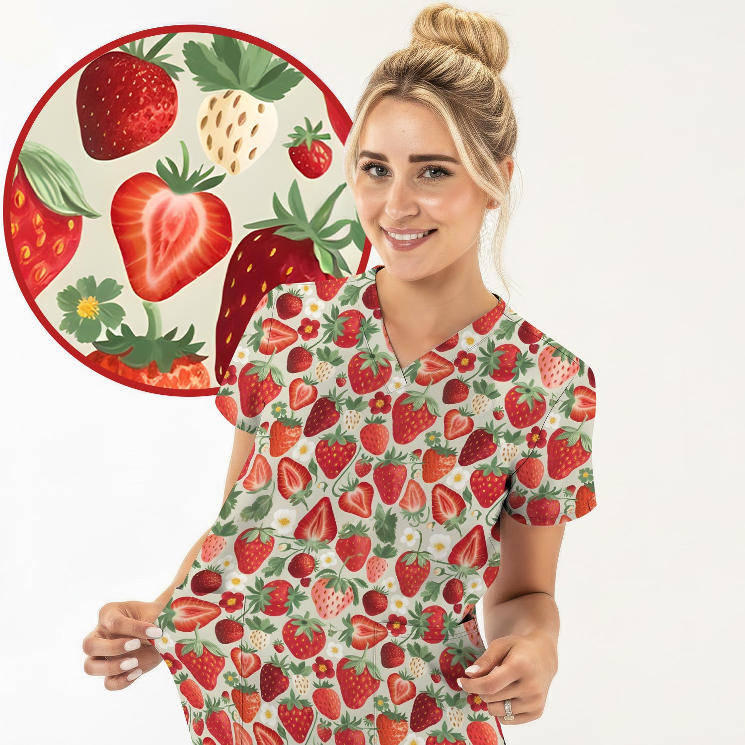Fresh Strawberry Pattern Leaves Scrubs Top, Comfortable Scrubs for Nurses