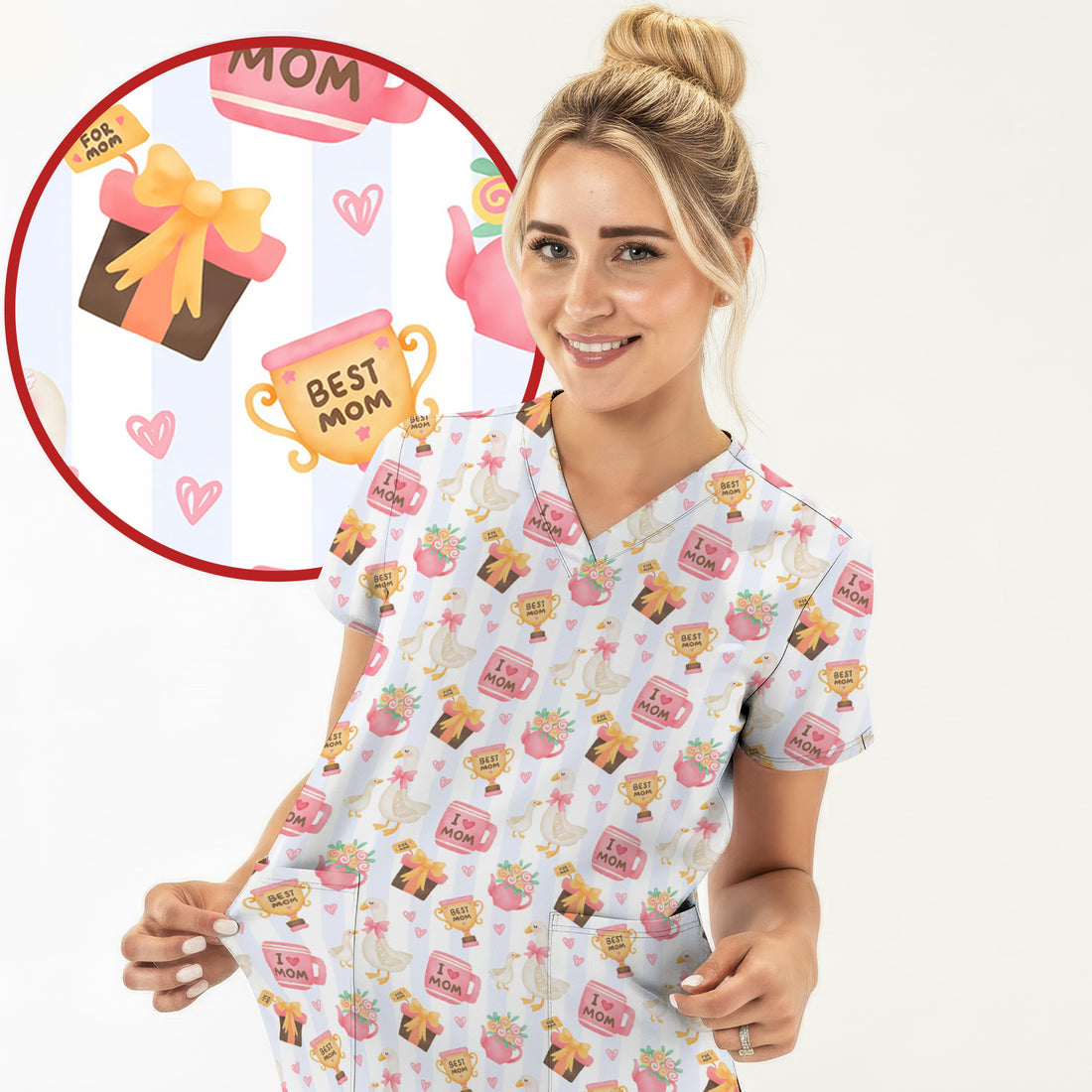 Sweet Nurse Mom Goose Gift Trophy Pattern Scrub Top, Comfortable Scrubs for Nurses