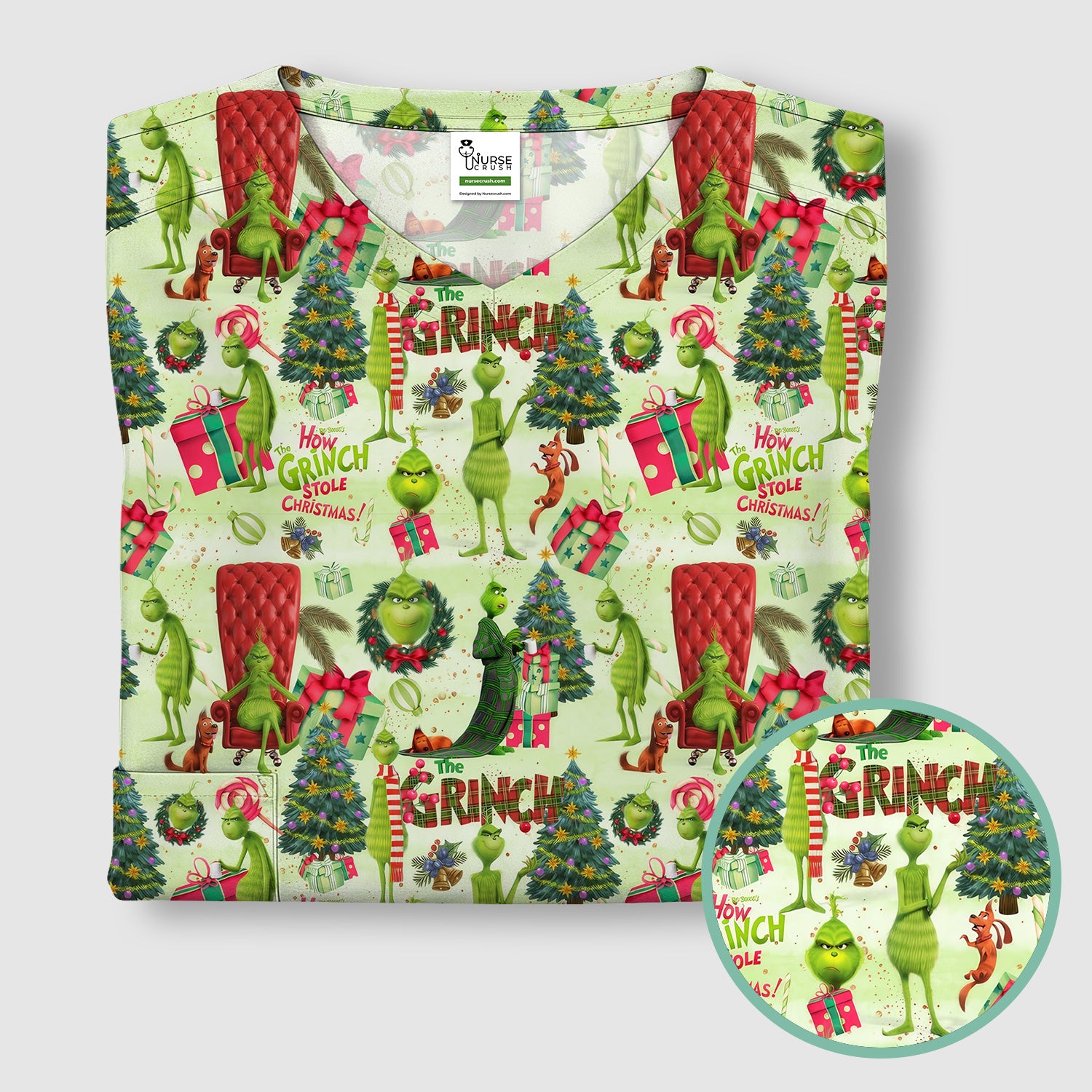 Funny Christmas Nurse Scrubs for Women - Merry Grinchmas Top - Cute Medical Uniform for RN CNA LPN LVN EN