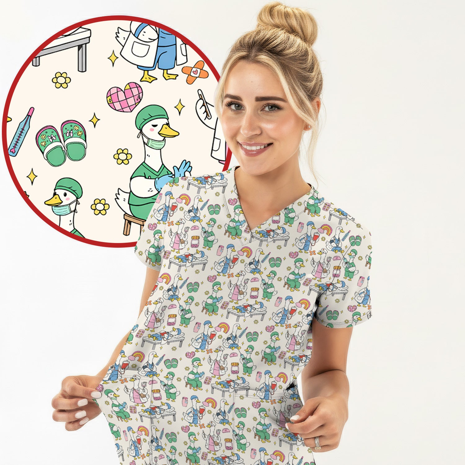 Funny Nurse Duck Medical Doodle Pattern Scrub Top, Comfortable Nurse Workwear Top
