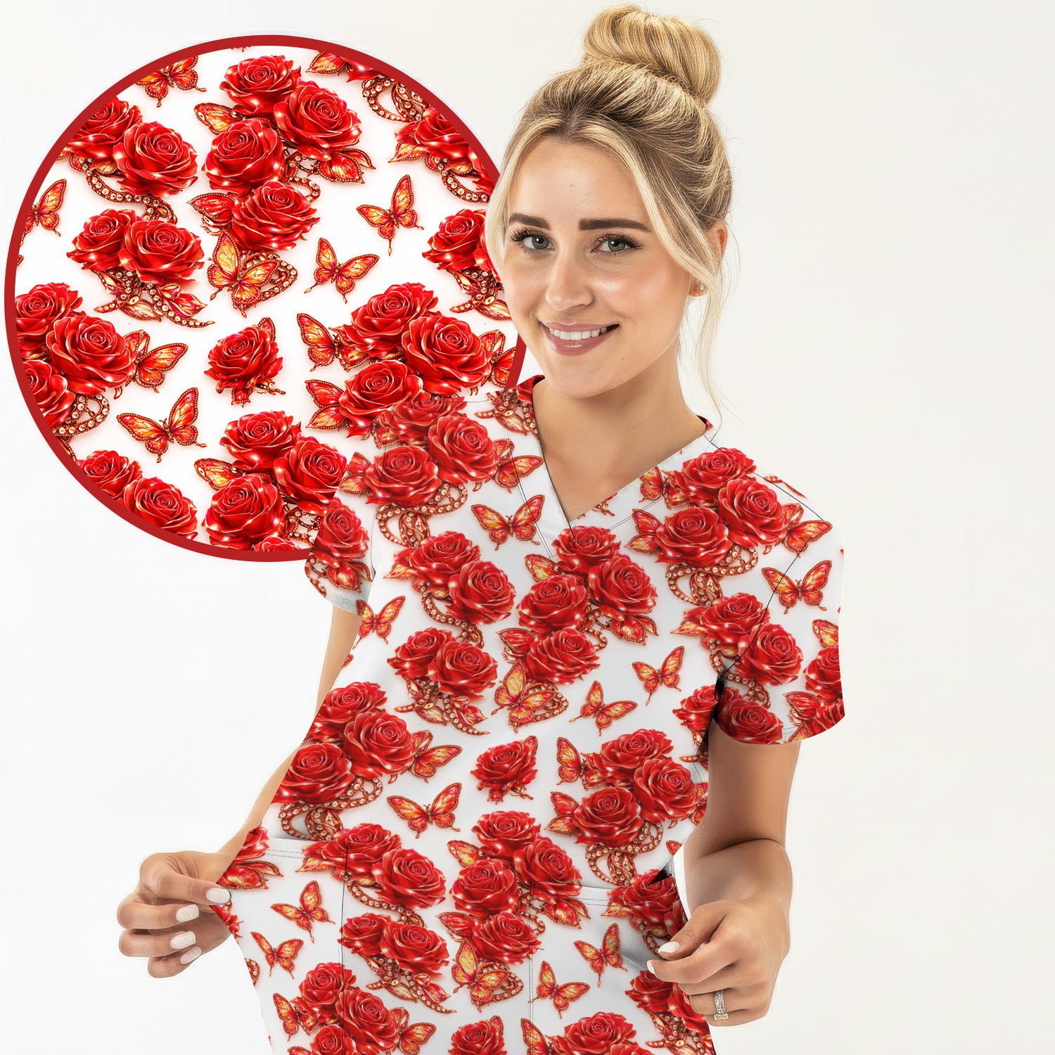 Red Rose and Butterfly Pattern Scrub Top, Comfortable Scrubs for Nurses