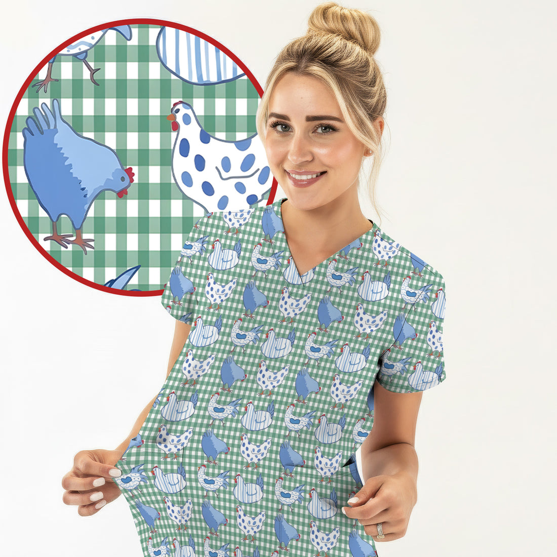 Blue Chicken Gingham Pattern Scrub Top, Comfortable Scrubs for Nurses